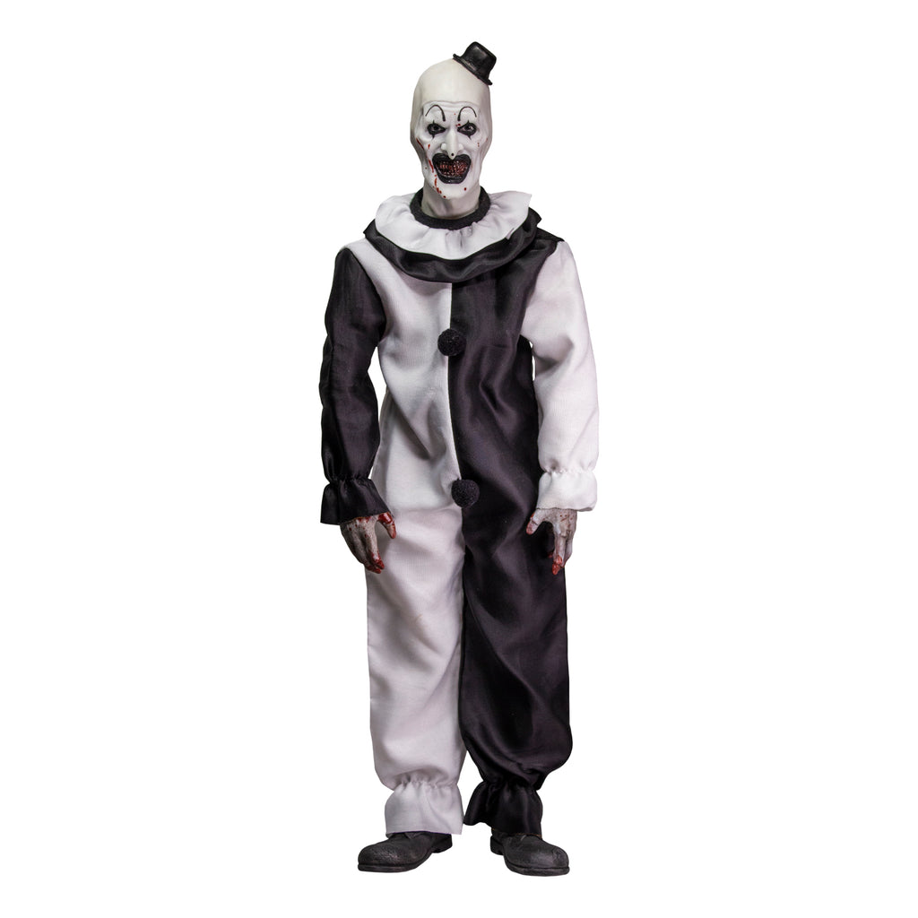Terrifier, 1/6 scale figure, front view. Evil grinning clown face with tiny black top hat, black and white, jumpsuit, ruffle at neck, fingerless white gloves, dark gray shoes. Blood spatter on face and hands.