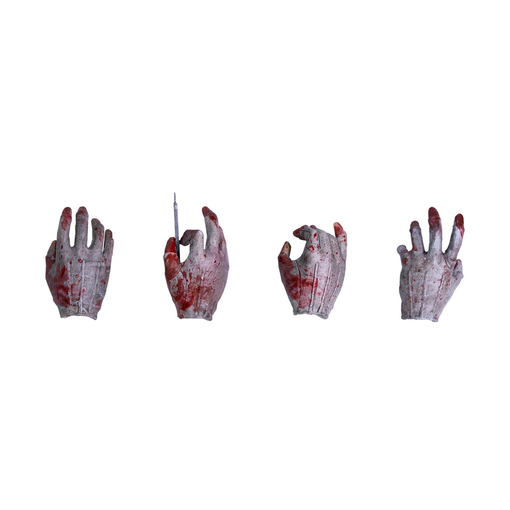 Detail of Interchangeable hands, white gloved with blood spatter, open right hand, right hand holding scalpel, right hand posed to hold weapons, open left hand.