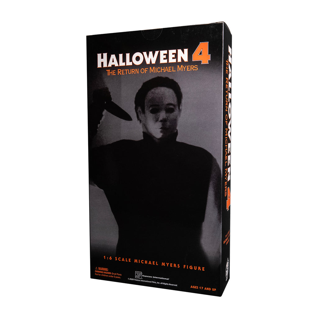 Product packaging, back. Black box. Text reads Halloween 4 The Return of Michael Myers, 1/6 scale Michael Myers Figure. Manufacturing and licensing information.