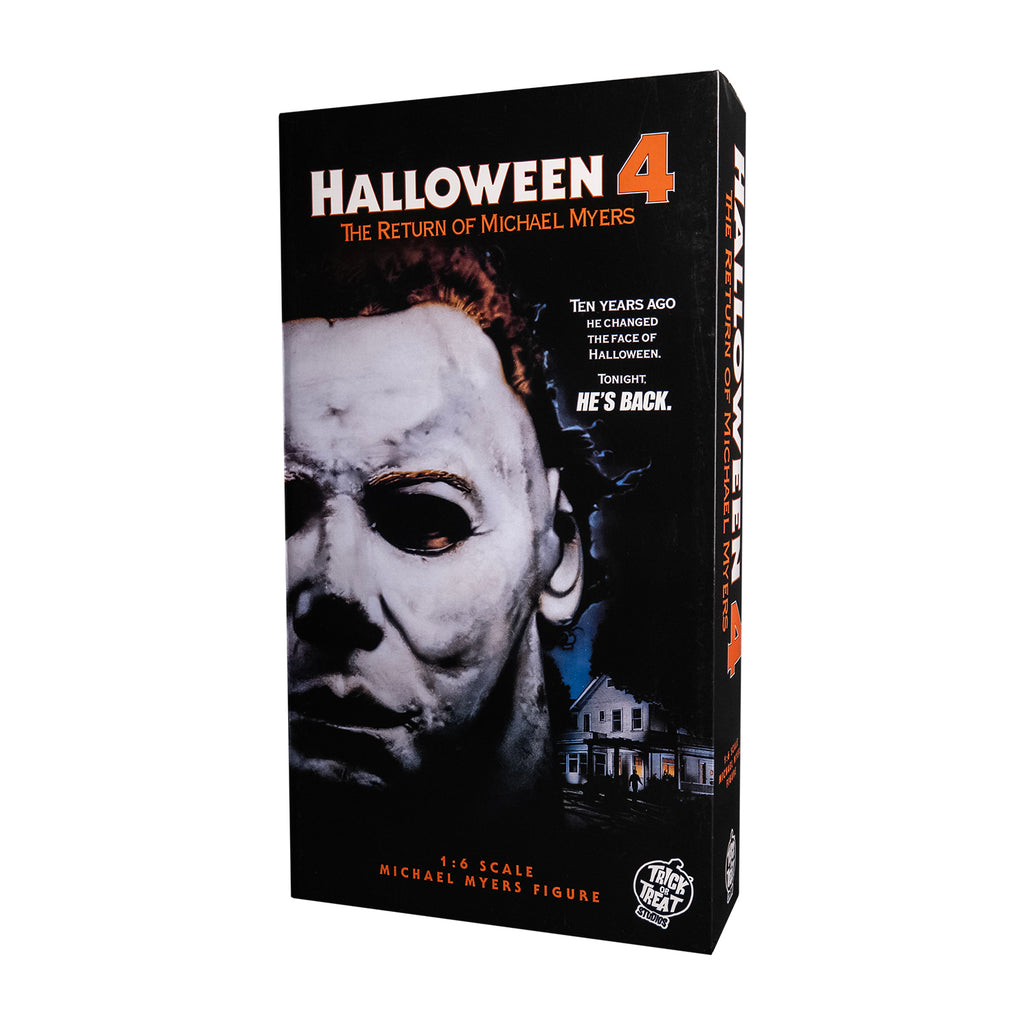 Product packaging, front. Black box. Text reads Halloween 4 The Return of Michael Myers, 1/6 scale Michael Myers Figure. White Trick or Treat Studios logo.
