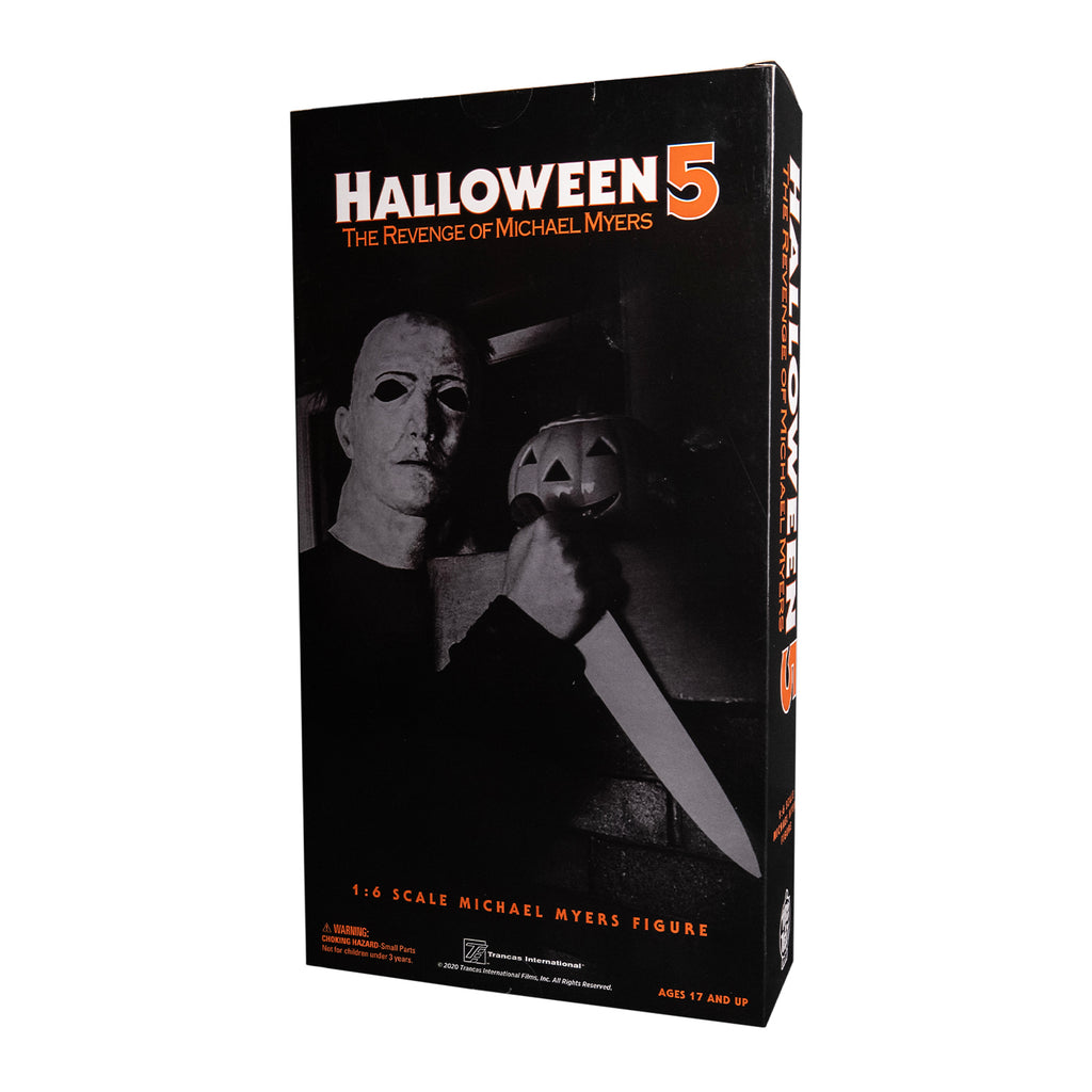 Product packaging, back. Black box. Text reads Halloween 5 The Revenge of Michael Myers, 1/6 scale Michael Myers Figure. Manufacturing and licensing information.