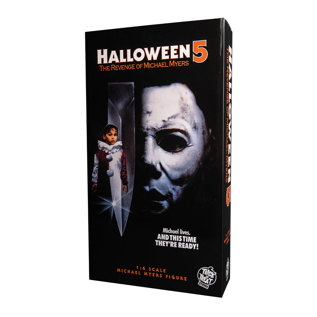 Product packaging, front. Black box. Text reads Halloween 5 The Revenge of Michael Myers, 1/6 scale Michael Myers Figure. White Trick or Treat Studios logo.