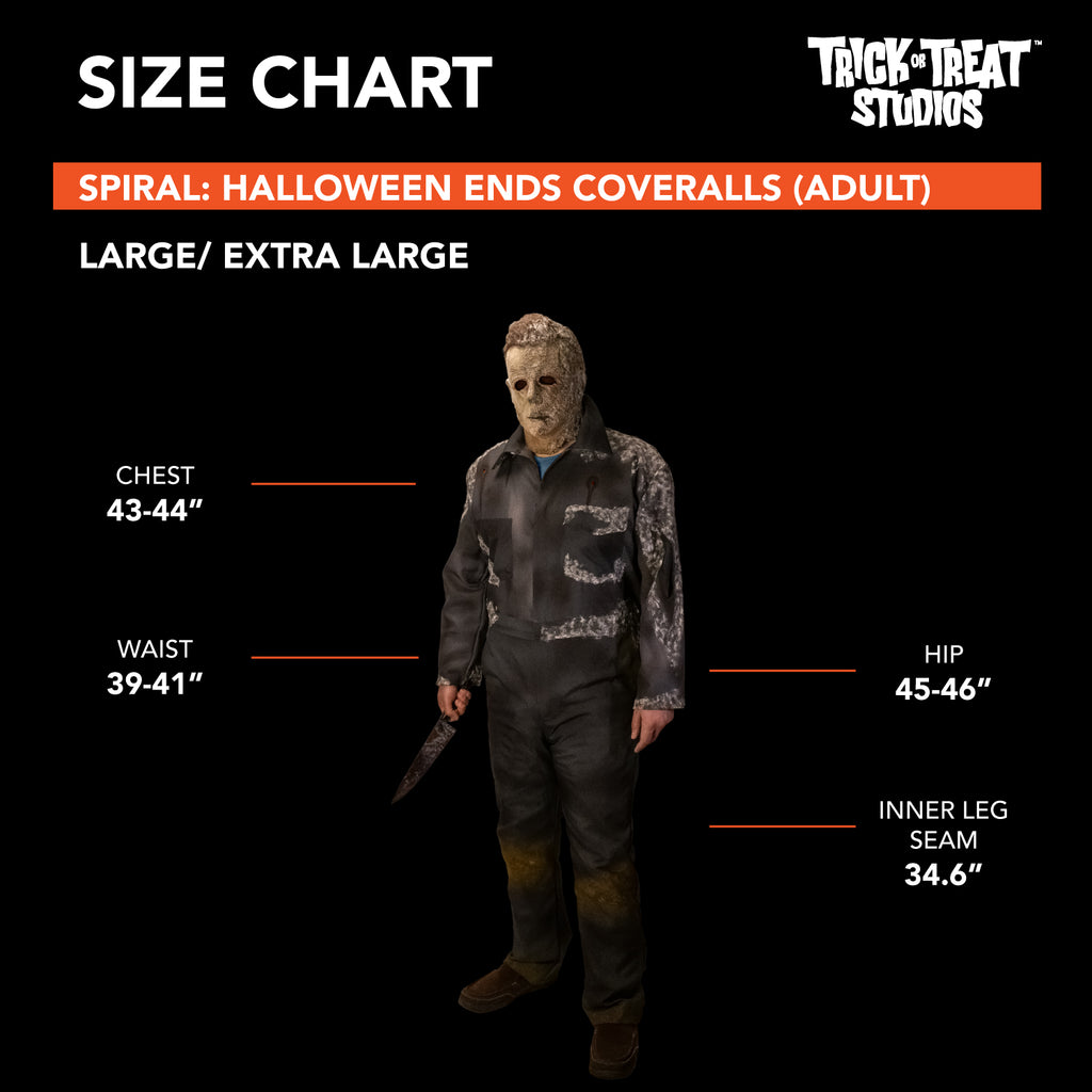Black background, orange accents.  White text reads Size Chart, Trick or Treat Studios, Halloween Ends Coveralls Adult, large / extra large, chest, 43 to 44 inches, waist 39 to 41 inches, hip 45 to 46 inches, inner leg seam 34.6 inches.