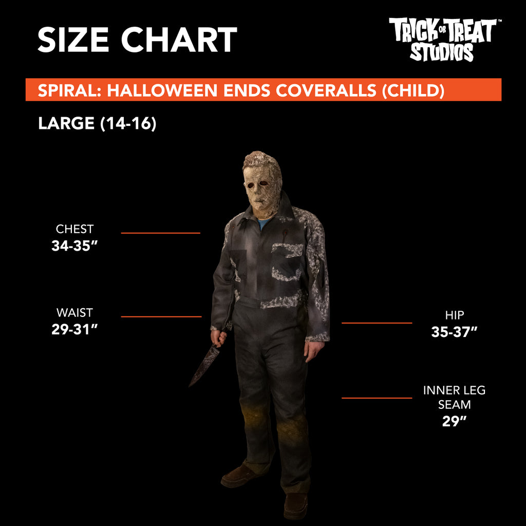 Black background, orange accents. White text reads Size chart, Trick or Treat Studios, Halloween Ends coveralls child, large 14 to 16, chest 34 to 35 inches, waist 29 to 31 inches, hip 35 to 37 inches, inner leg seam 29 inches