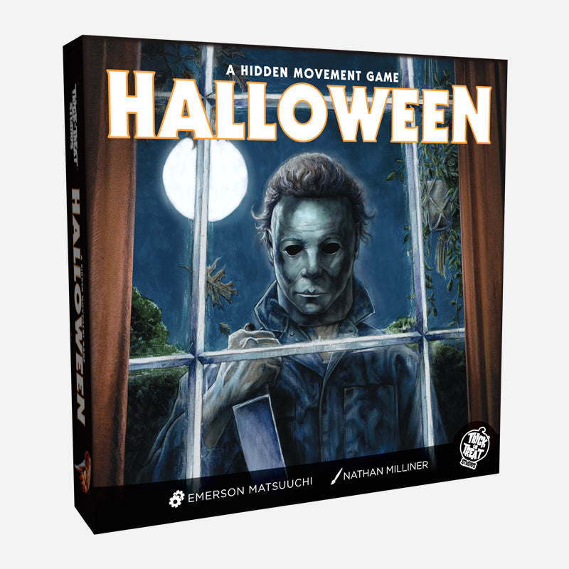 White background. Halloween board game box cover. Illustration showing Michael Myers holding kitchen knife, wearing a mask and coveralls peering through a window, night sky with full moon in background. White text reads, a hidden movement game, Halloween. White text at bottom reads, Emerson Matsuuchi, Nathan Milliner. White Trick or Treat Studios logo in bottom right corner of box.