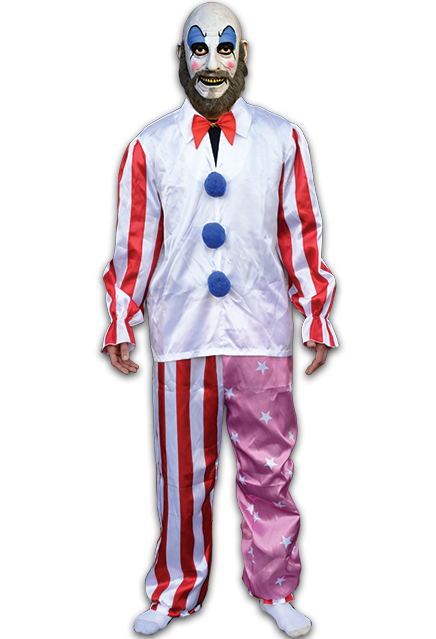  Captain Spaulding Costume, person wearing mask bald man in white clown makeup, high black eyebrows, blue eyeshadow, black circles around eyes, pink spots on cheeks, large menacing grin, black bottom lip, full gray beard. wearing white collared shirt with red and white striped sleeves, red bow at neck blue pompoms down front.  Pants, right leg red and white striped, left leg pink with white stars.