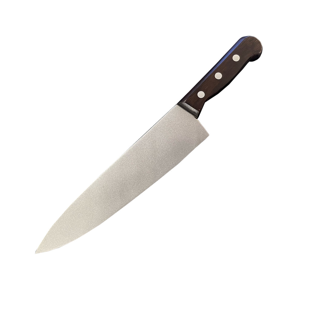 Halloween knife prop. Silver blade, dark brown wood-grained handle.