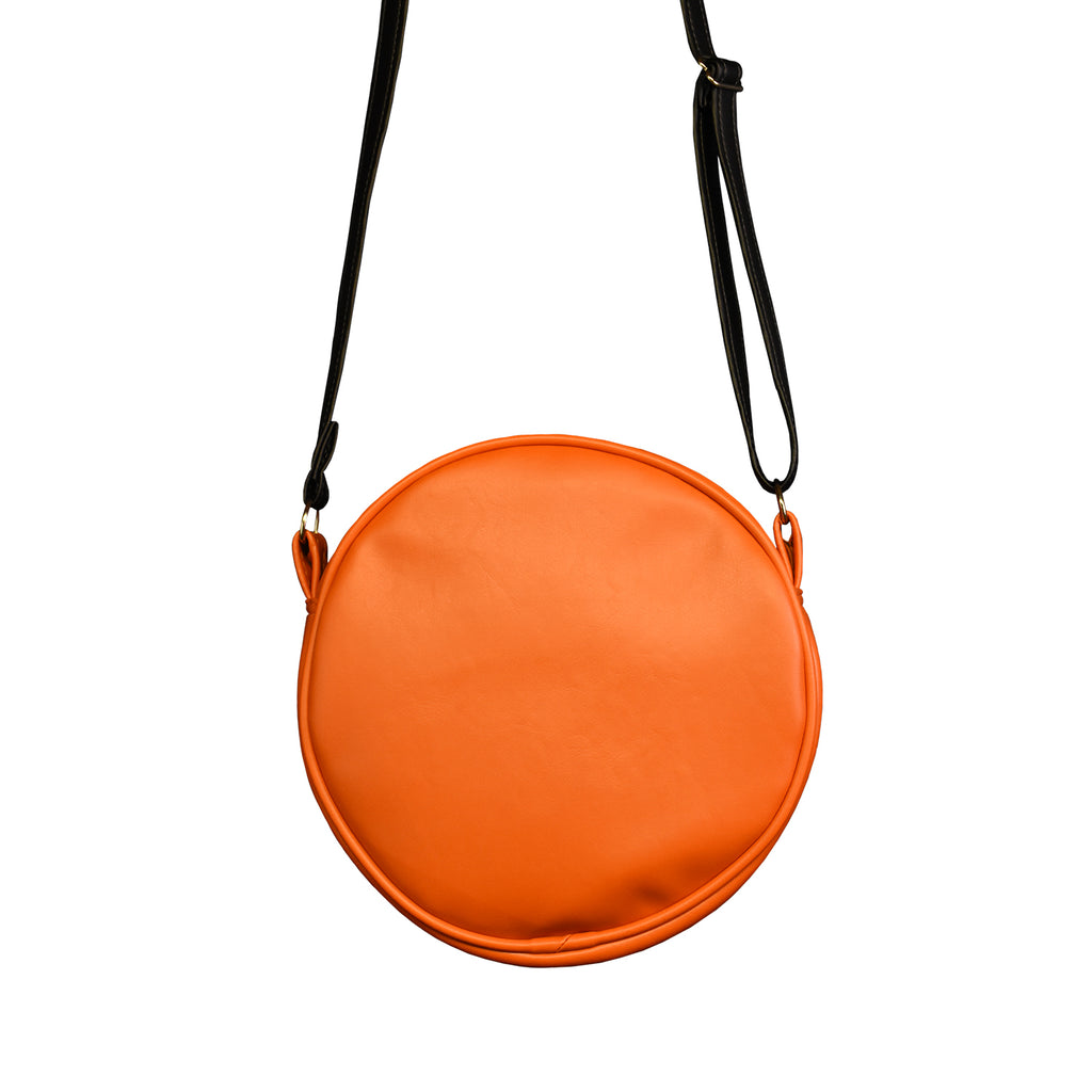 Bag. Back view. Orange circle. Black adjustable strap.