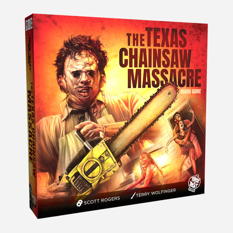 White background. Leatherface board game box cover. Showing Leatherface holding chainsaw, wearing patchwork flesh mask in foreground, scenes of victims in background. Black text reads, The Texas Chainsaw Massacre. White text below reads Board game. White text at bottom reads, Scott Rogers, Terry Wolfinger. White Trick or Treat Studios logo in bottom right corner of box.