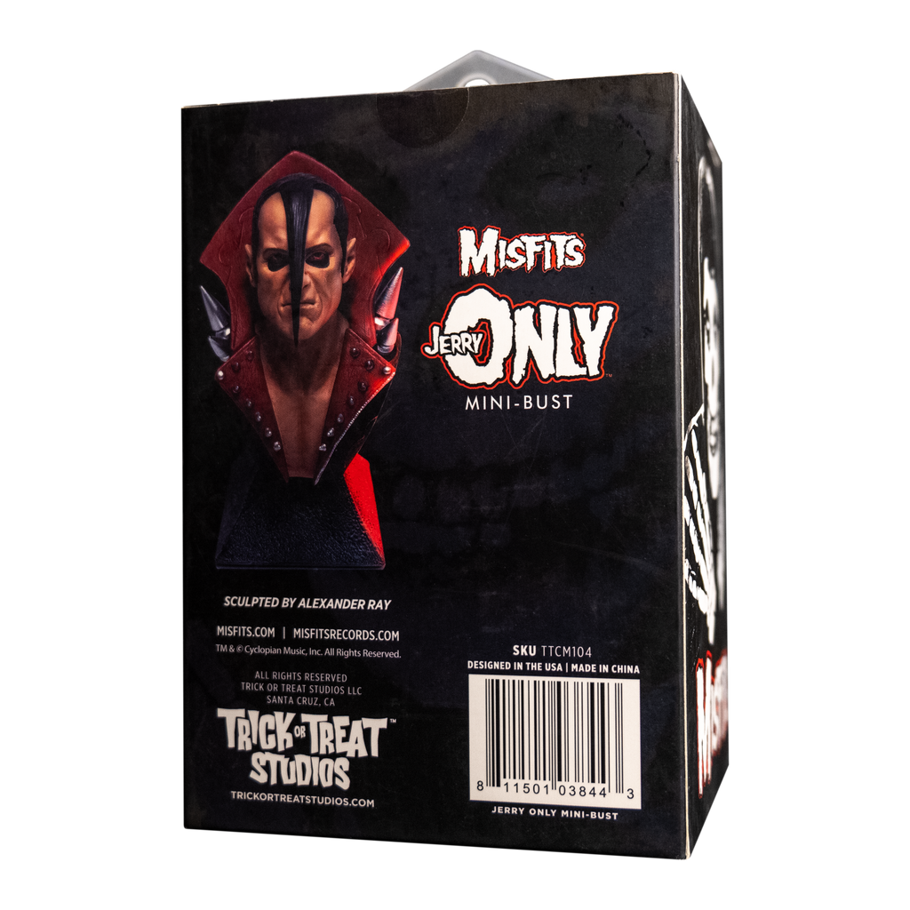 Product packaging, Back. Black box showing mini bust. Text reads, Misfits, Jerry Only, mini bust.  Manufacturing and licensing infromation.