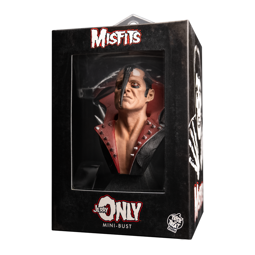 Product packaging, front.  Black window box showing mini bust.  Text reads, Misfits, Jerry Only, mini bust.  White Trick or Treat Studios logo