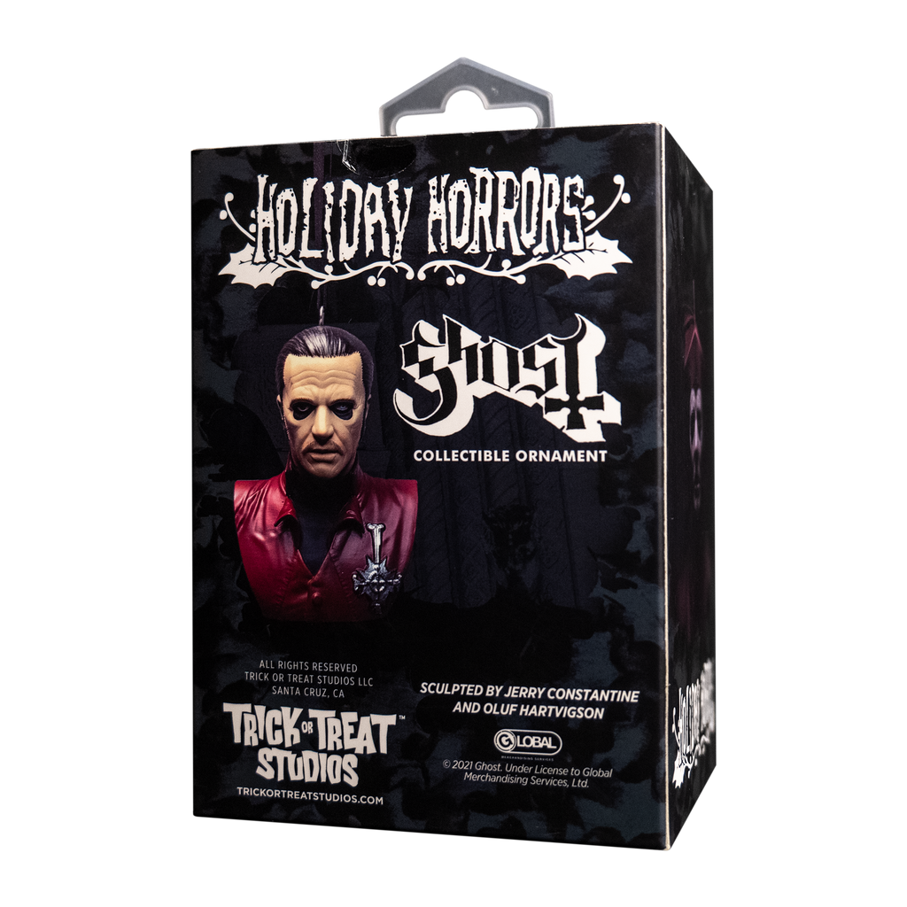 Product packaging, back of box showing ornament. Text on box reads Holiday Horrors, Ghost, collectible ornament. Manufacturing and licensing info