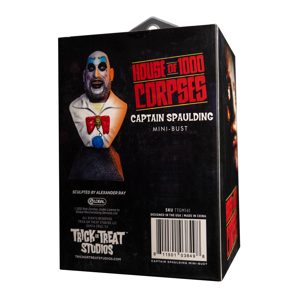Product packaging, back. Black box showing mini bust. Text reads House of 1000 Corpses, Captain Spaulding, Mini Bust. Manufacturing and licensing information.