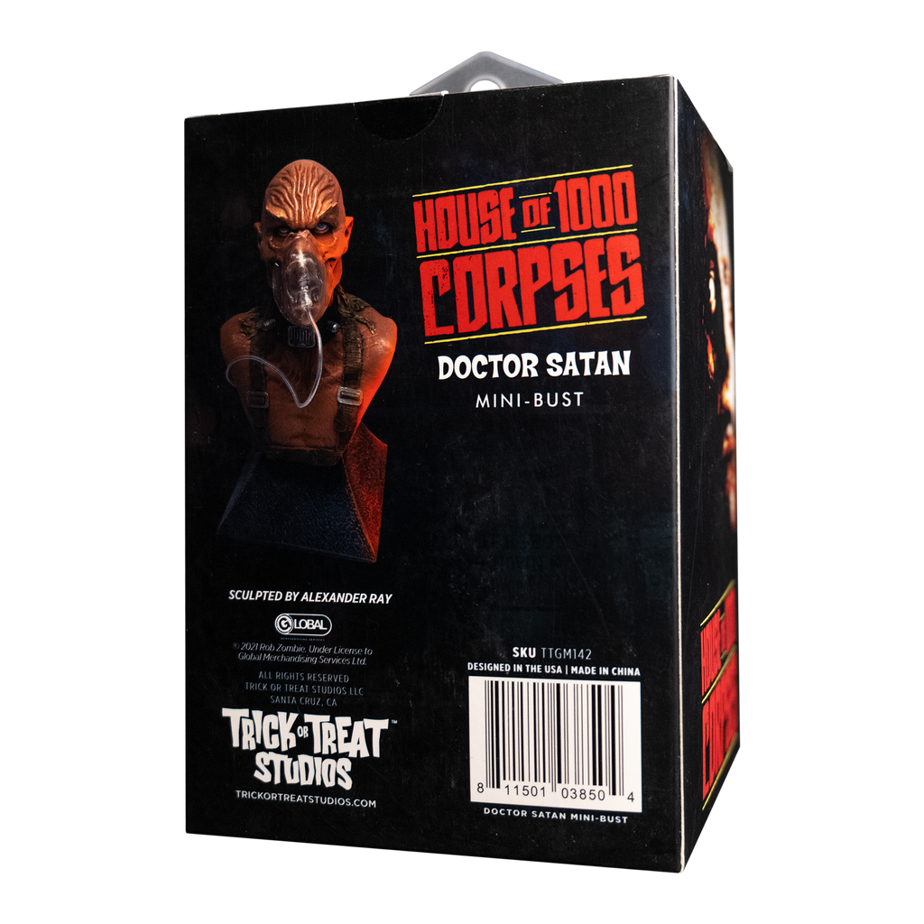 Product packaging, back. Black box showing mini bust. Text reads House of 1000 Corpses, Doctor Satan, Mini Bust. Manufacturing and licensing information.
