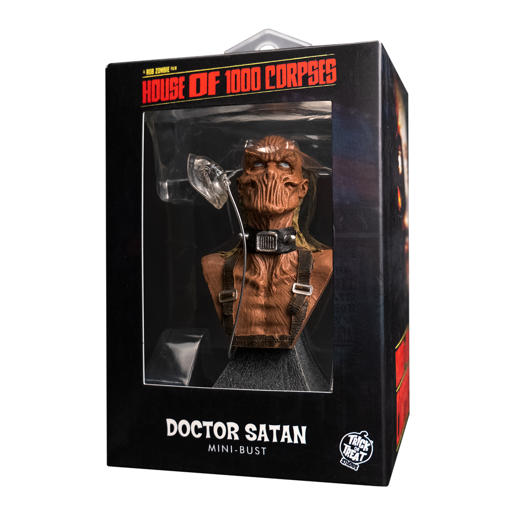 Product packaging, front. Black window box showing mini bust. Text reads House of 1000 Corpses, Doctor Satan, Mini Bust. White Trick or Treat Studios logo.