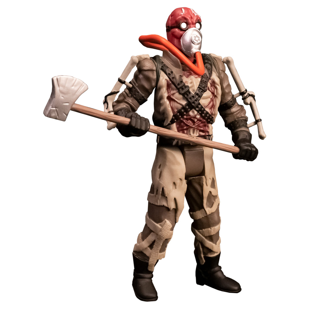 Action figure. right side view. Person with red head, wearing goggles and oxygen mask with orange hose. Tattered brown and tan outfit, apparatus attached to arms, ammunition belts across chest, black gloves and boots. Holding large Axe.