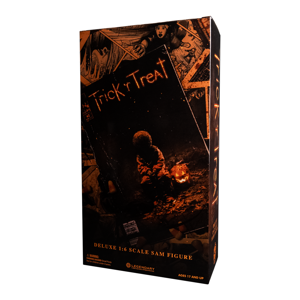 Product packaging, back. Black box. Orange text reads Trick 'r Treat Deluxe 1/6 scale Sam Figure. Manufacturing and licensing information.