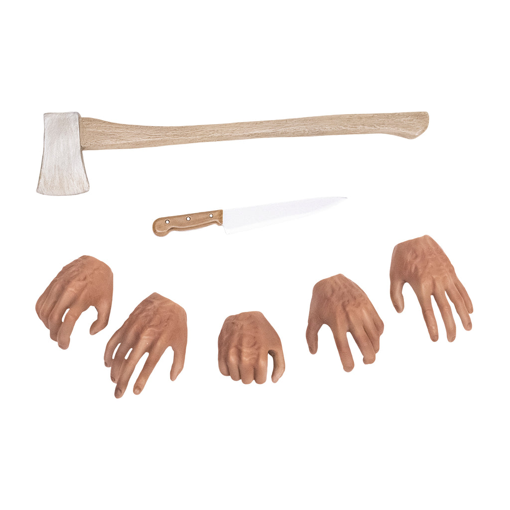 hands and weapon accessories,  3 right hands, two left hands, Axe and kitchen knife.