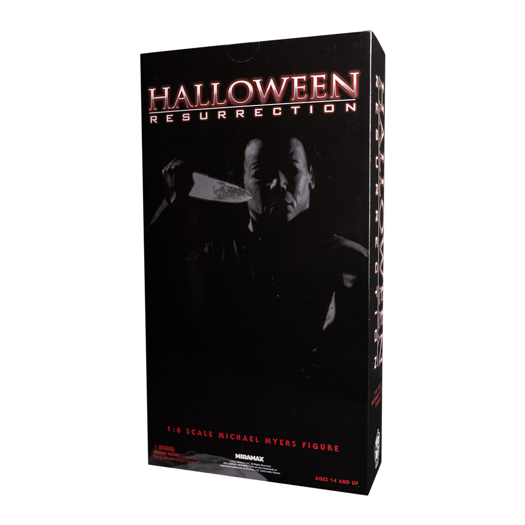 Product packaging, back of box, with image of Michael Myers holding a knife in right hand.  Text reads Halloween Resurrection 1/6 scale Michael Myers figure, licensing and manufacturing information
