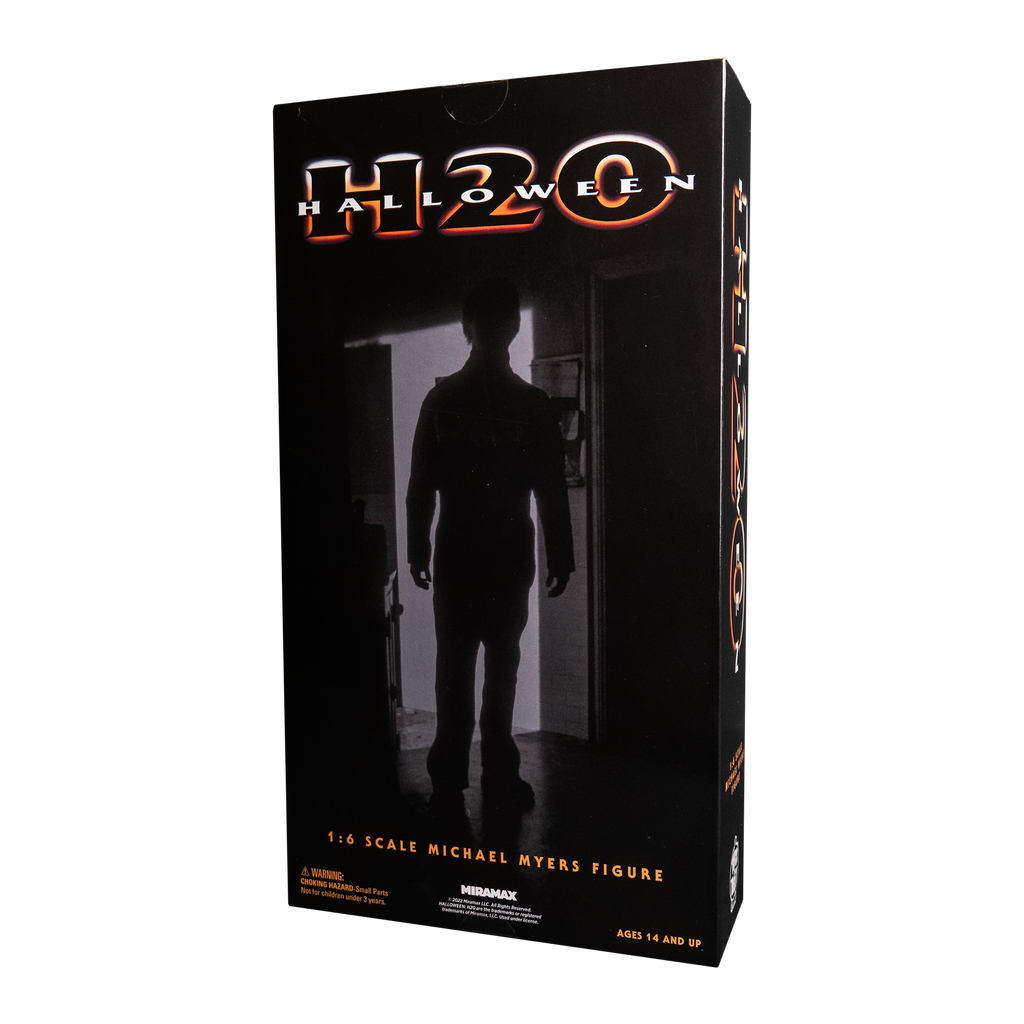 Product packaging, back. Black box. Text reads Halloween H20, 1/6 scale Michael Myers Figure. manufacturing and licensing information.
