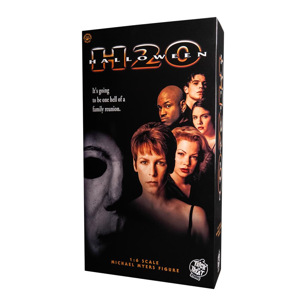Product packaging, front. Black box. Text reads Halloween H20, 1/6 scale Michael Myers Figure. White Trick or Treat Studios logo.