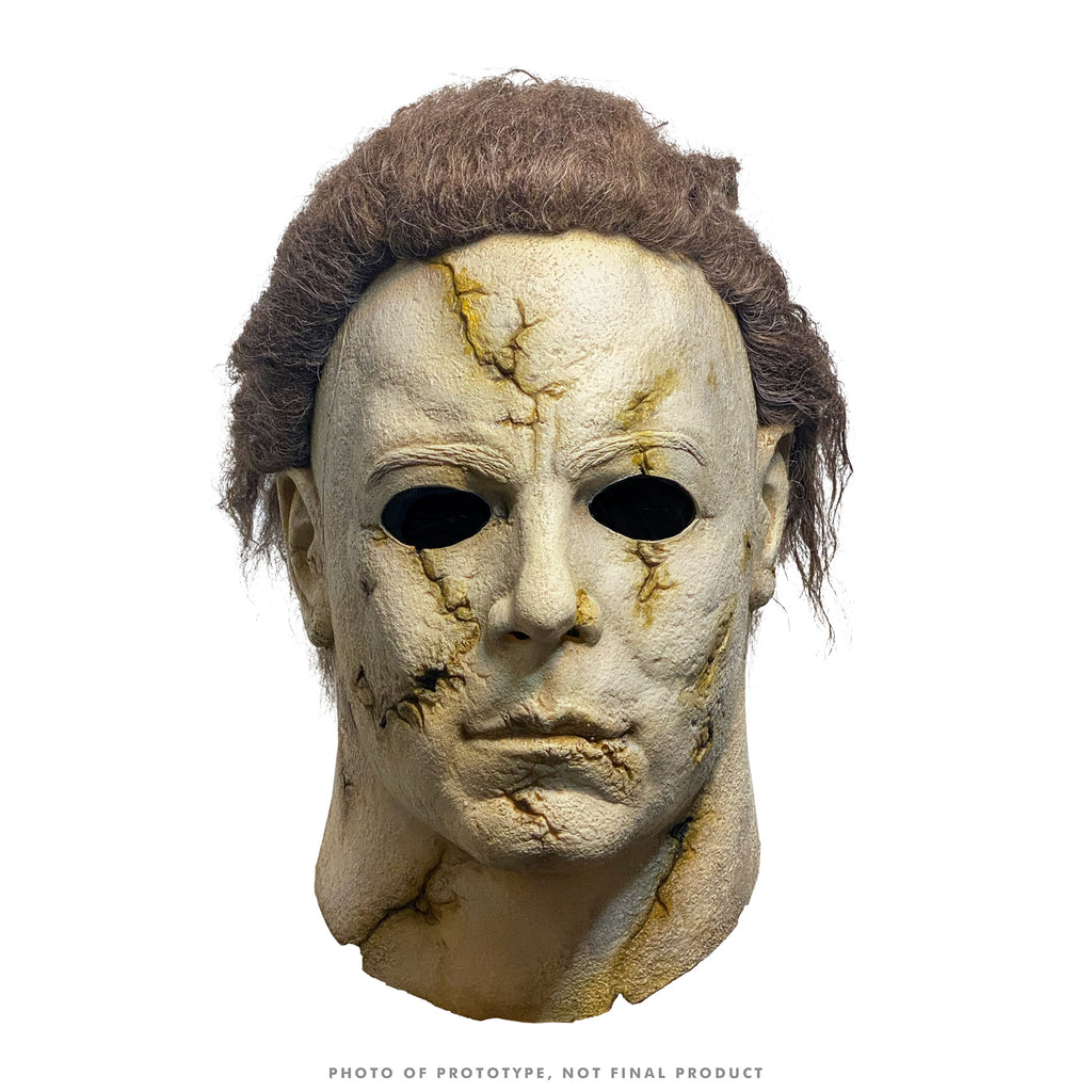 Mask, head and neck, front view. Brown hair, distressed and cracked pale skin.