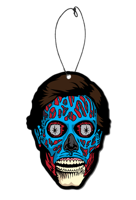 Air Freshener. They live Alien face. Short brown hair, blue and red skull like face, Black nose, mouth open, exposed pink gums, teeth and bony chin.