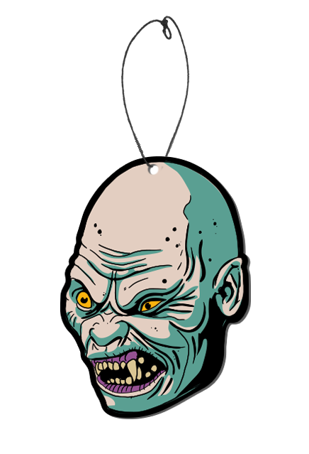 Air freshener. Bald head, blue and white face. Creased skin on forehead, around eyes and mouth. Bright green eyes, left eye bulging. Snarling mouth, pink gums, crooked teeth and large fangs.