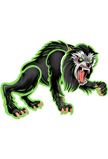 Static wall decor.  black werewolf, white face open mouth with fangs, green eyes, orange claws, outlined in bright green. 