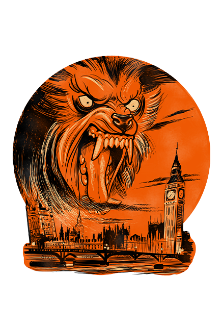 Static wall decor.  Orange black and white, werewolf head over city view of London.