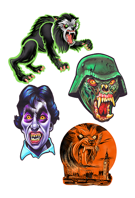 Static wall decor, 4 pieces.  Top left, black werewolf, white face open mouth with fangs, green eyes, orange claws, outlined in bright green.  Bottom Left, David head and neck, Black hair blue and purple skin, yellow eyes, snarling mouth with yellow fangs.  Top right. Warmonger head, green face, yellow eyes, open snarling mouth.  Bottom right.  Orange black and white, werewolf head over city view of London. 