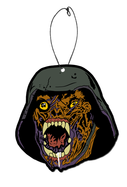 Air freshener. The head of a creature wearing a World War 2 helmet. rotting flesh. Dark yellow eyes, right eye bulging. Shriveled nose. Open, drooling mouth with rotten tongue, large teeth and fangs.