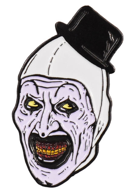 Enamel pin. Evil grinning, black and white clown face, yellow eyes, pink gums and yellow teeth. with tiny black top hat.
