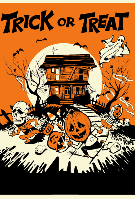 Illustration, orange, black and white, 3 trick or treaters, white moon and black bats on orange background. Text reads Trick or Treat.