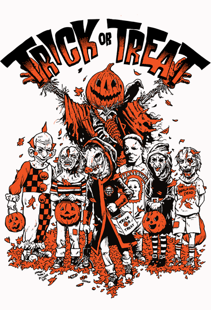 Illustration, orange black white and green, Several monsters. Text reads Trick or Treat.