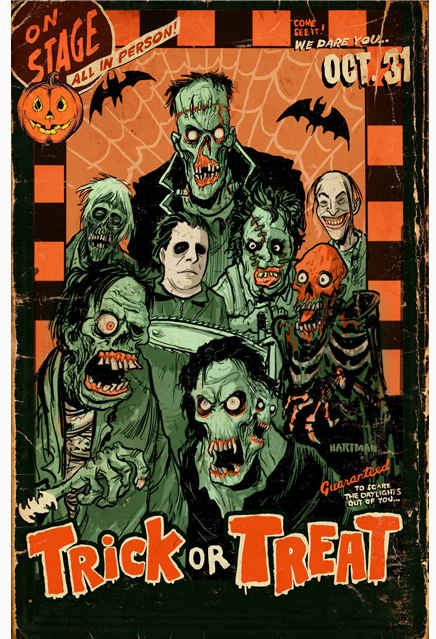 Illustration, orange black white and green, Several monsters, black bats in the background. Text reads Trick or Treat.