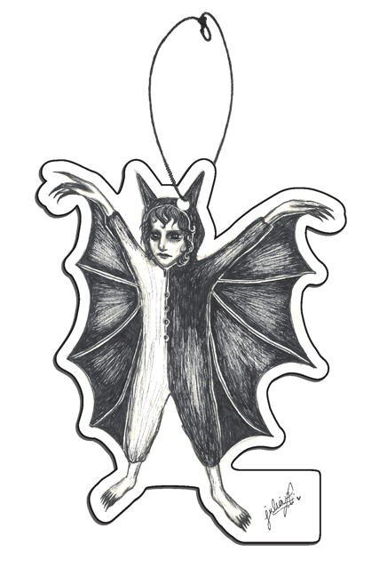 Air freshener.  Black and white illustration of boy in bat outfit.