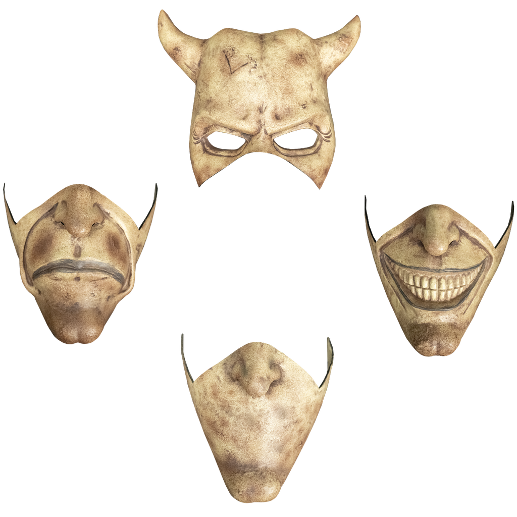 Grabber mask, front view, 4 parts, dirty off-white and brown.  Top center is the top half of mask, horns on both sides of head.  Left side is the lower half of mask, frowning mouth, cleft chin.  Right side is the lower half of mask, grinning mouth, cleft chin.  Bottom center is the lower half of mask, smooth face, no mouth, cleft chin.