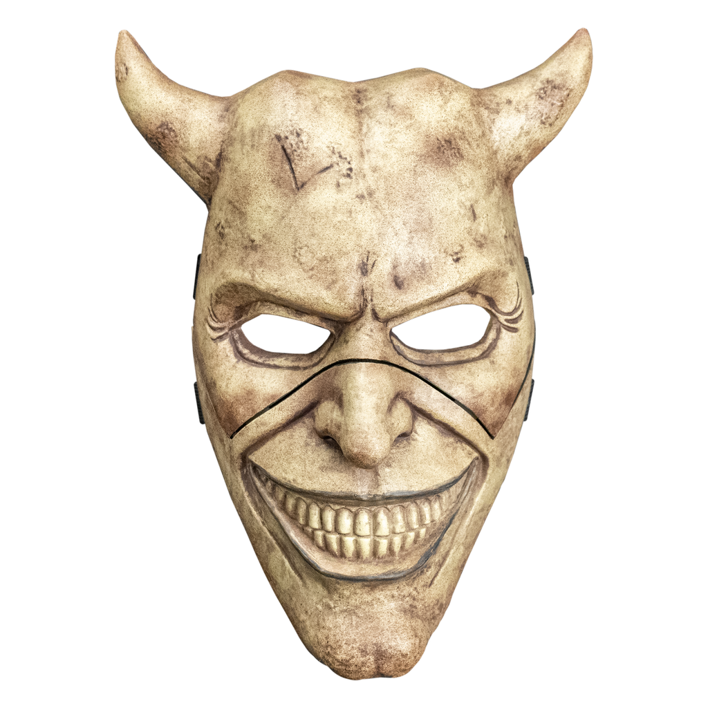 Grabber mask front view.  Face mask, dirty off-white and brown.  Horns on both sides of head.  Mouth in a toothy grin.  Cleft chin.