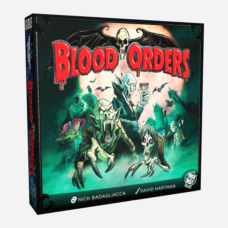 Front of game box.  Blood Orders in large red bloody text, in front of vampire skull with bat wings, above view of village, cemetary, bats, vampires and other monsters. white text at bottom, Nick Badagliacca, David Hartman.   White Trick or Treat Studios logo.  