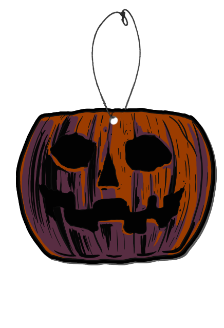 Air freshener.  Orange and black, purple shading, Jack O' Lantern pumpkin candy pail.