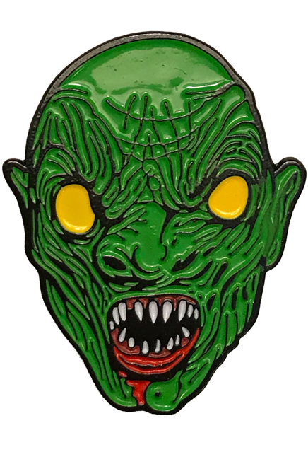 Enamel pin.  Illustration of bald creature with green wrinkled skin, large bright yellow eyes, mouth open showing red gums and sharp white teeth, blood dripping from mouth.
