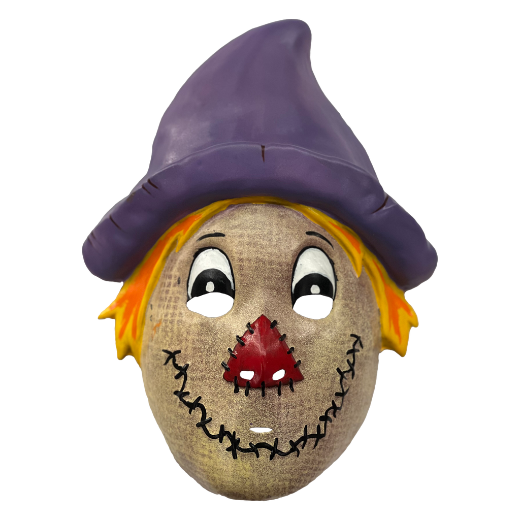 Scarecrow mask.  Purple hat, yellow hair, cartoon eyes, red triangle nose with stitches, smiling mouth made to look like it is stitched on.