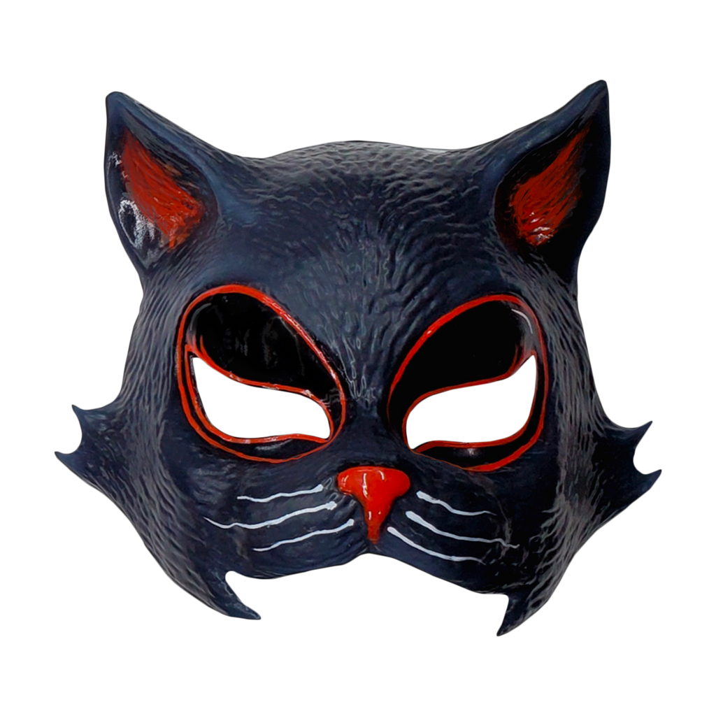 Cat mask.  Black with red on ears nose and around eyes, white painted whiskers.
