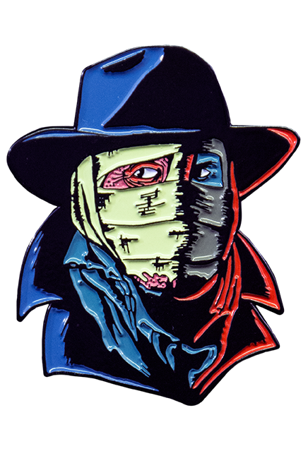 Enamel pin. Darkman head and neck, bandaged face, wearing black hat, black trenchcoat. red highlights on edges