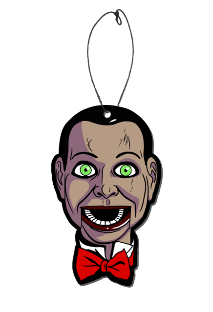Air Freshener.  Billy Puppet, head and neck, with white collar and red bowtie. Distressed finish, ventriloquist dummy face, black hair, black-rimmed green eyes. hinged open lower jaw showing bottom teeth.