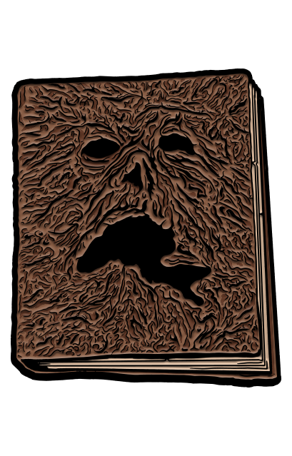 Enamel pin.  Book of the Dead, brown wrinkled face on book.