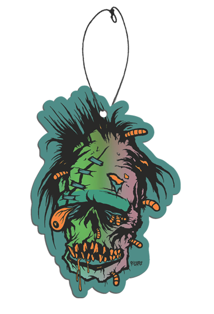 Air Freshener.  Illustration, blue background.  Frankenstein-like face.  Black disheveled hair, green purple and blue face.  orange worms coming out of head, left eye, nose, cheek and chin.  Orange right eye popped out, orange jagged teeth, orange drool dripping from mouth.