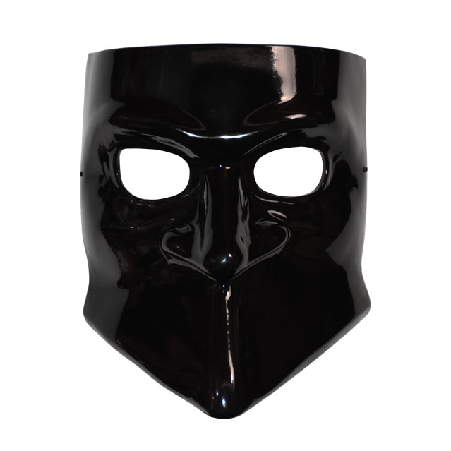 Front view. Shiny black plastic face mask, nondescript features, smooth where mouth would be.