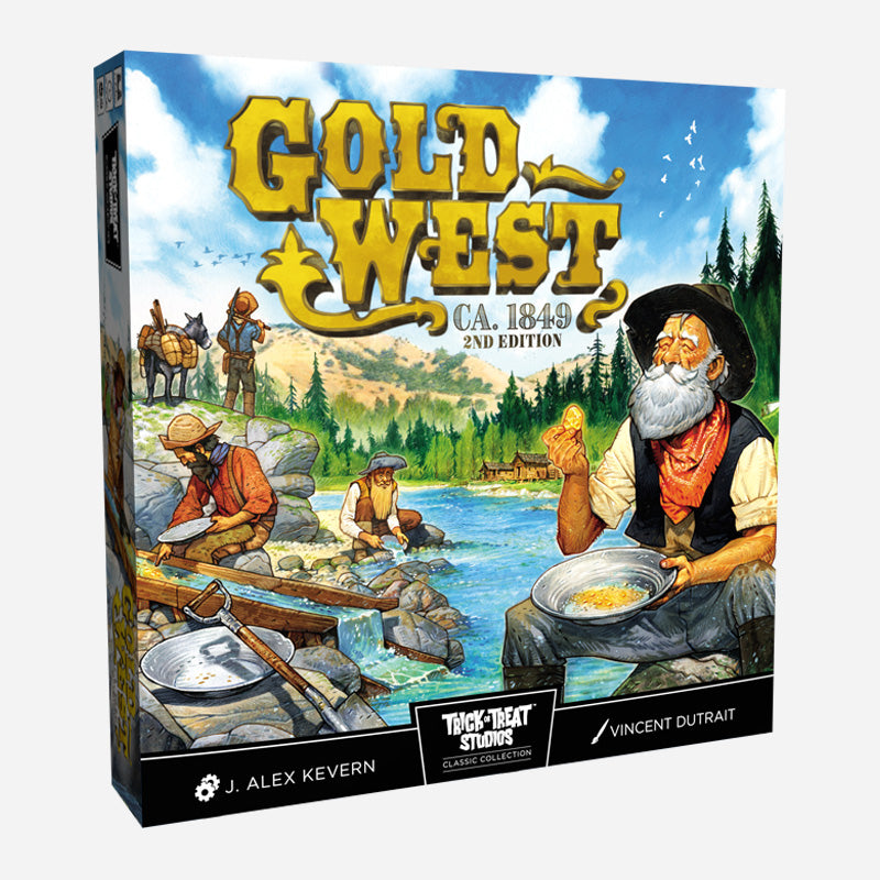 Gold West box cover.  Gold Prospectors panning for gold in a river.  Text reads, Gold West CA. 1849 2nd edition. J. Alex Kevern, Trick or Treat Studios Classic Collection, Vincent Dutrait.